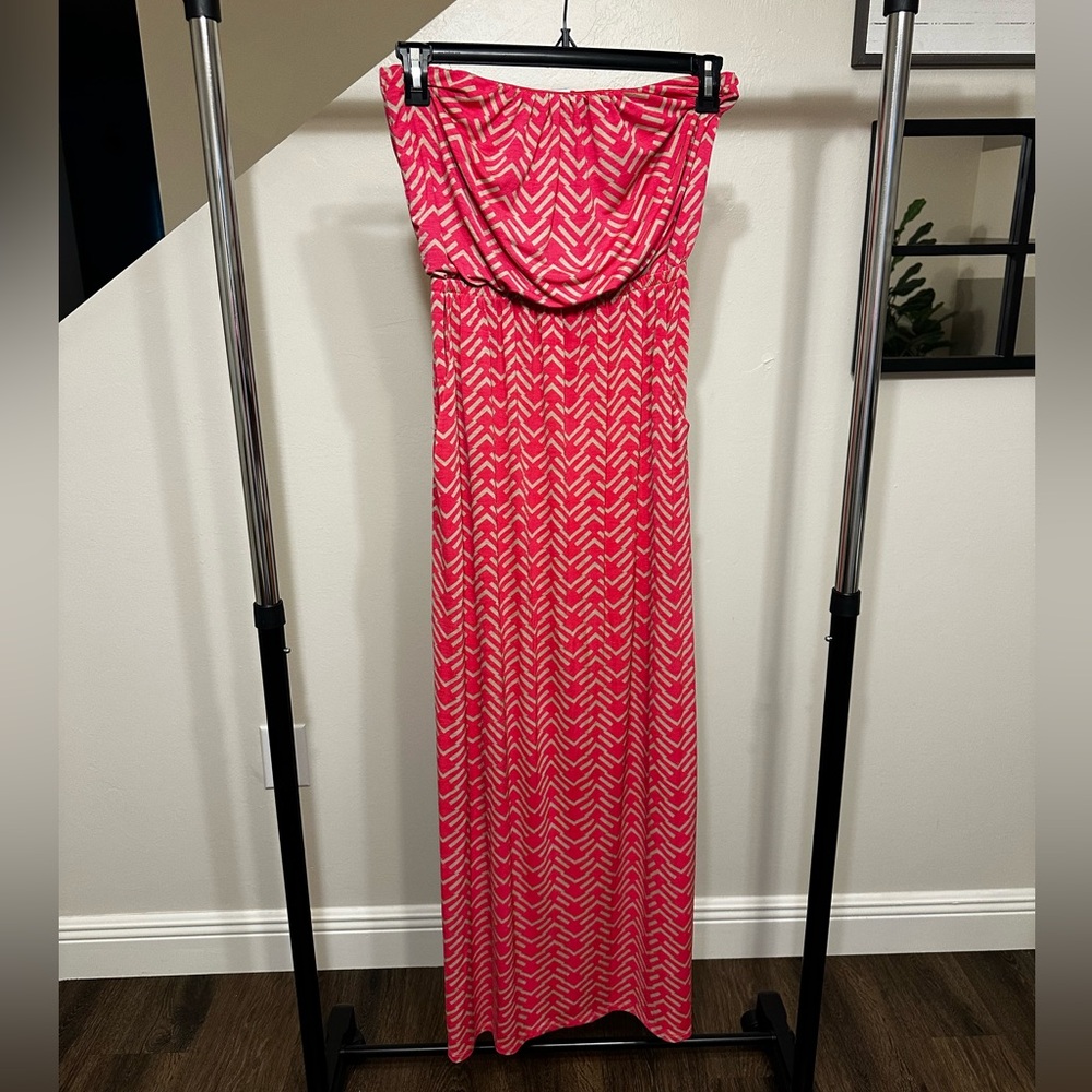 Three Pink Hearts Brand Pink and Khaki Maxi Tube Top Dress with Pockets